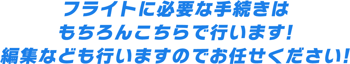 フライトに必要な手続きは もちろんこちらで行います! 編集なども行いますのでお任せください!!